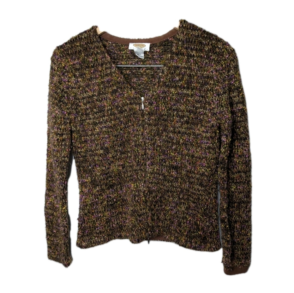 Talbots sweater women size small petite Full Zip Long Sleeve Brown Multi